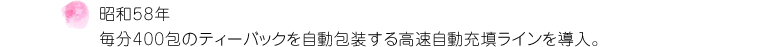 昭和58年 毎分400包のティーバックを自動包装する高速自動充填ラインを導入。