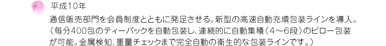 平成10年 通信販売部門を会員制度とともに発足させる。新型の高速自動充填包装ラインを導入。（毎分400包のティーバックを自動包装し、連続的に自動集積（４～６段）のピロー包装が可能。金属検知、重量チェックまで完全自動の衛生的な包装ラインです。）